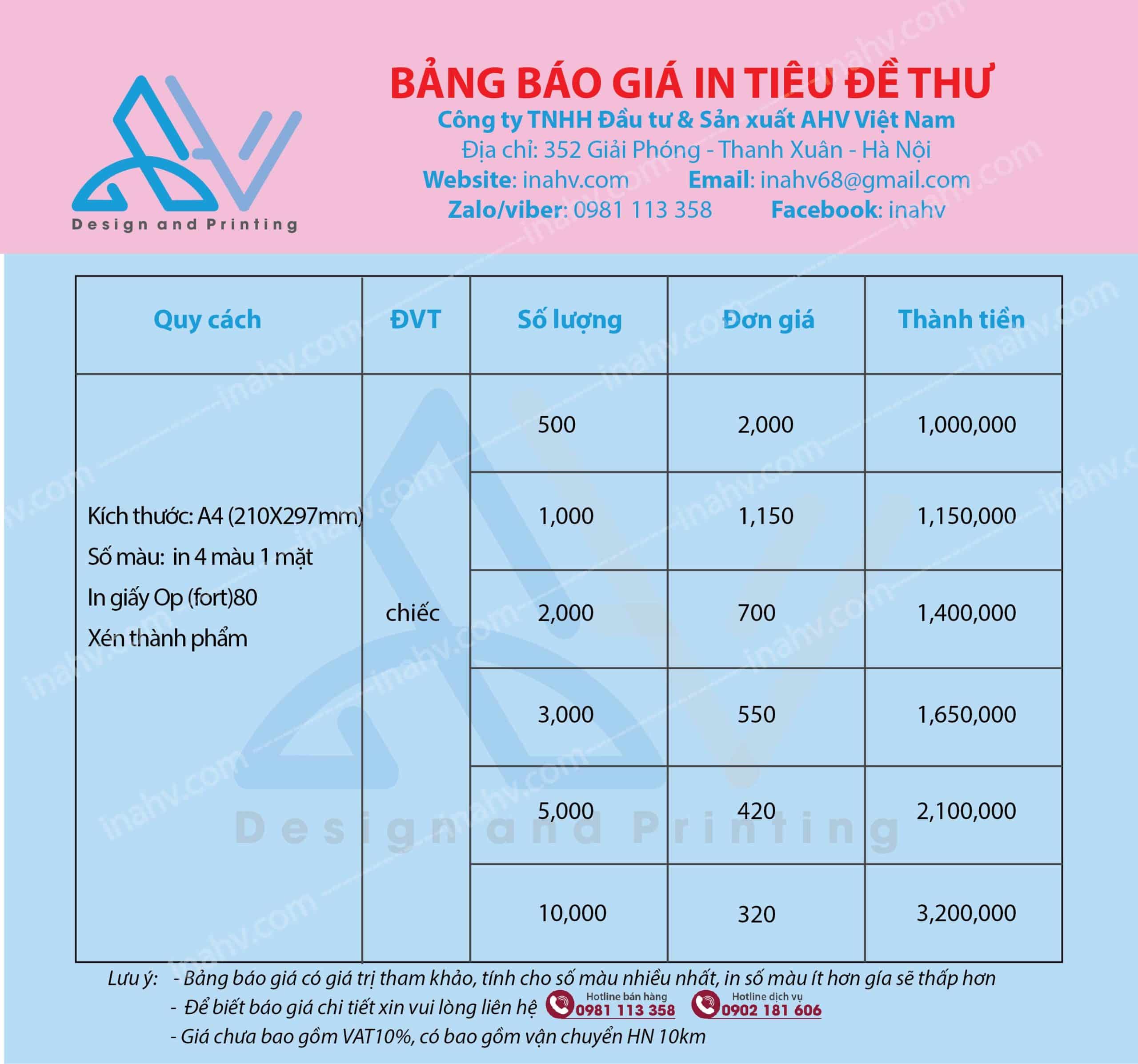 báo giá in tiêu đề thư