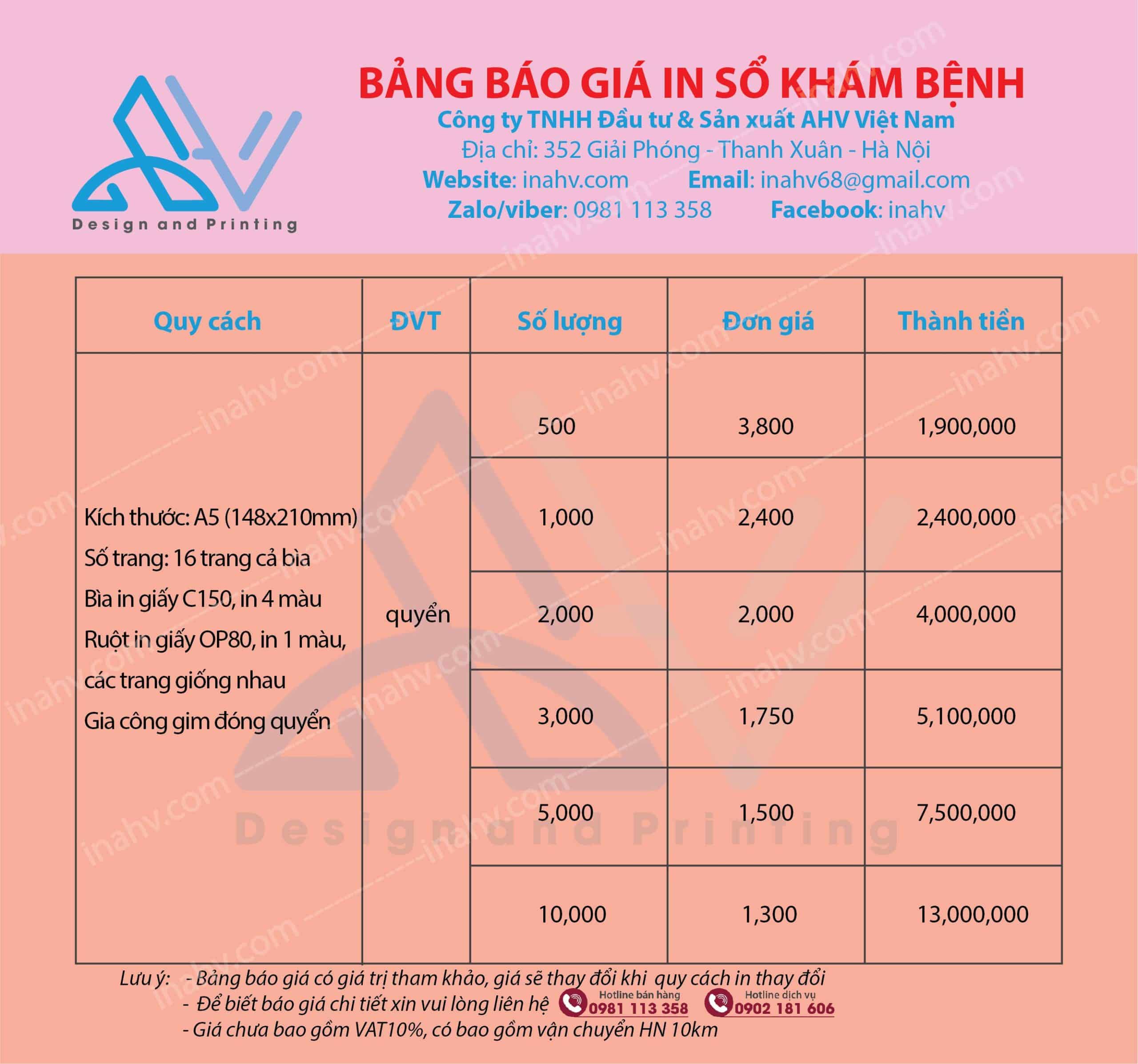 báo giá in sổ khám bệnh